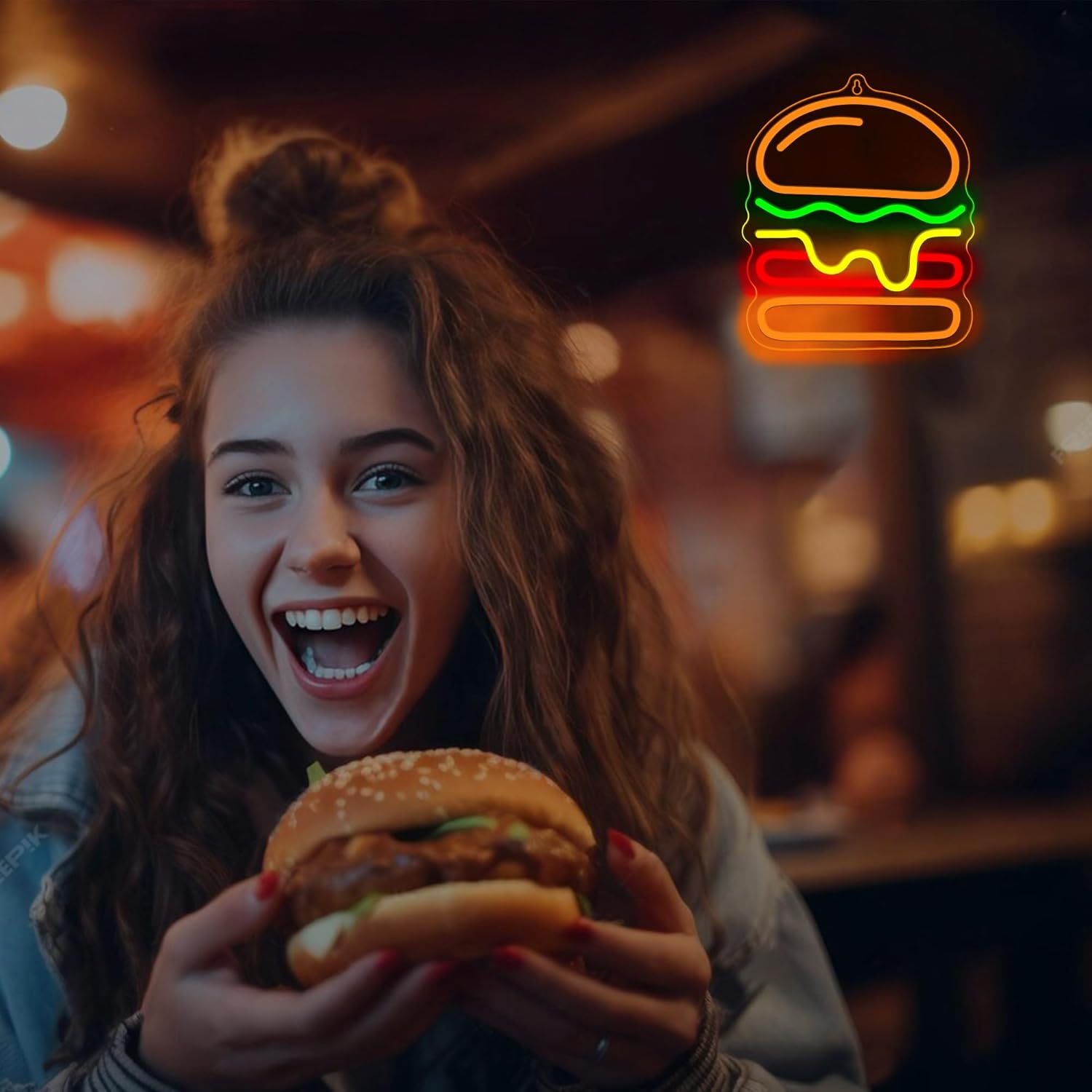 Burger Neon Sign with Layered  - Commercial Kitchen Walls ulasan dan harga
